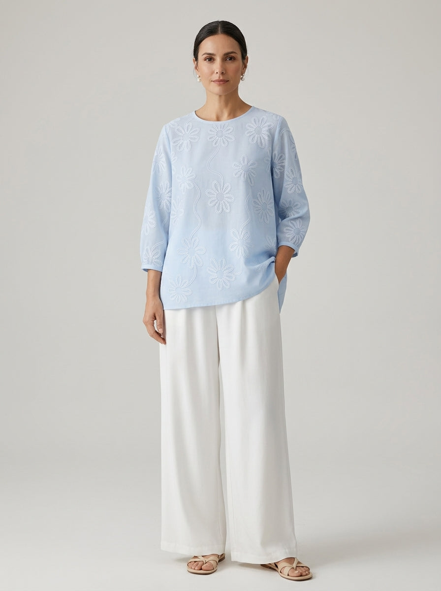 Romantic Floral Embroidered Open-Back Blouse in Light Blue - Round Neck Keyhole Cutout Top