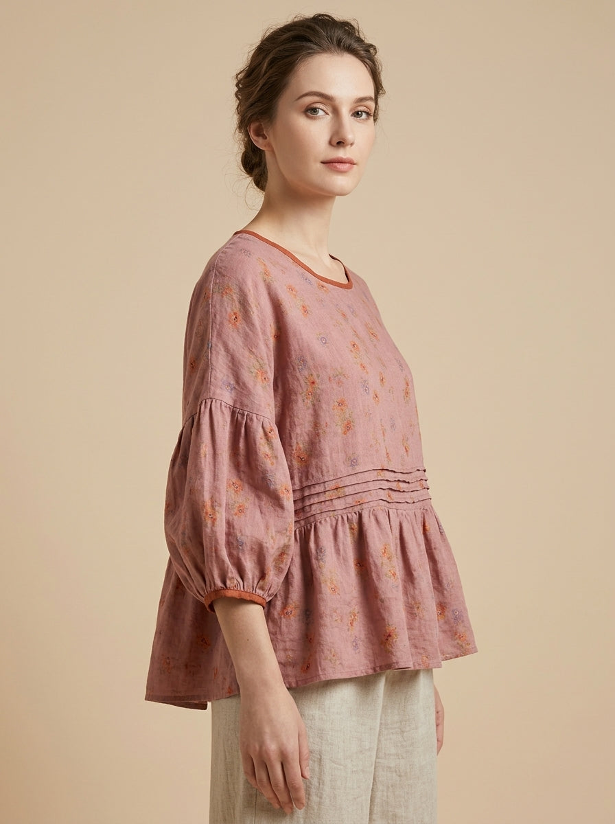 Trendy Boho Print Blouse - Pink Floral Round Neck Half Sleeve Peplum Top
