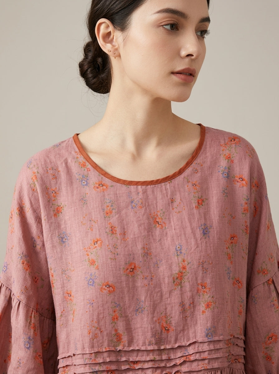Trendy Boho Print Blouse - Pink Floral Round Neck Half Sleeve Peplum Top