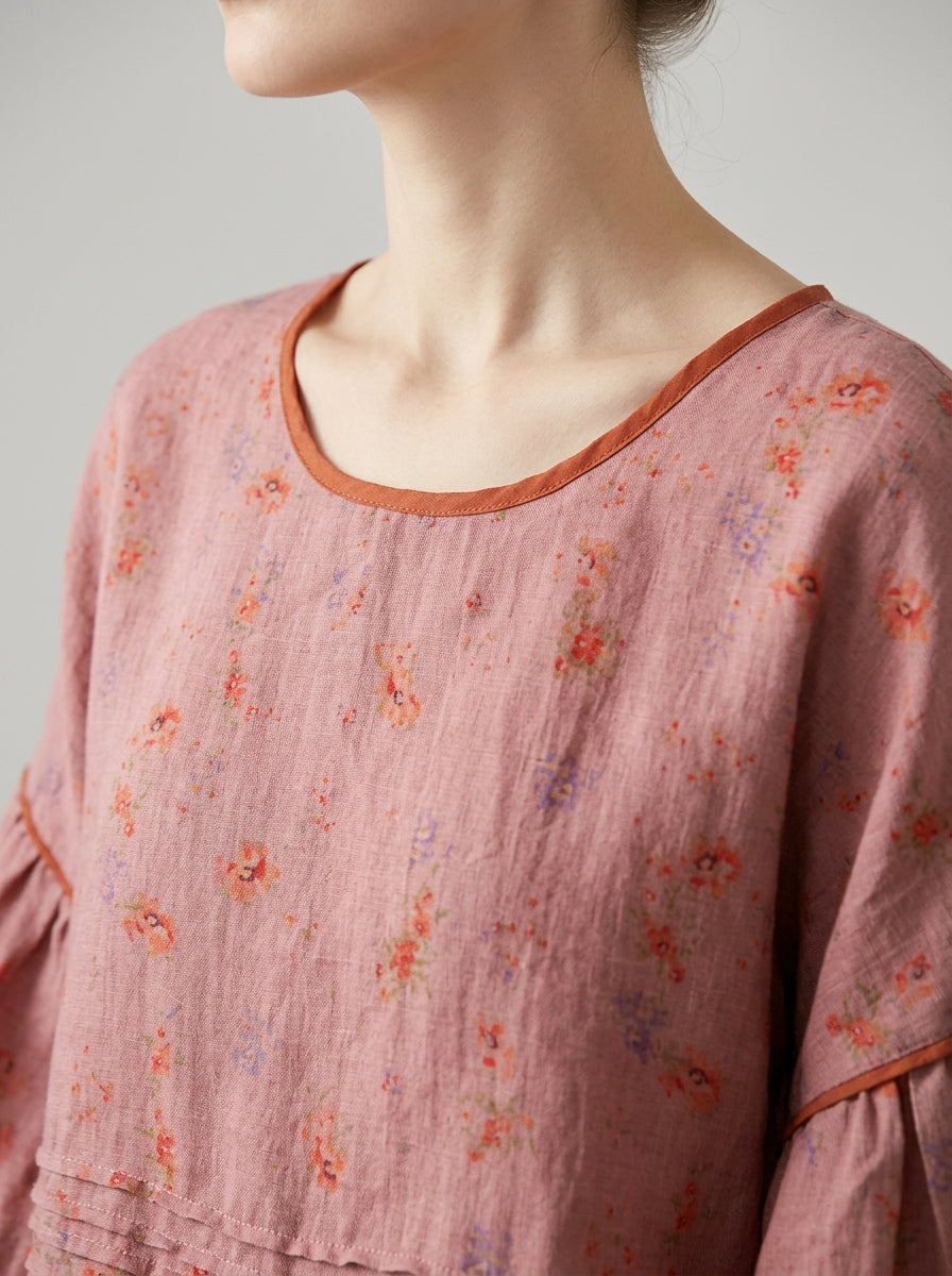 Trendy Boho Print Blouse - Pink Floral Round Neck Half Sleeve Peplum Top