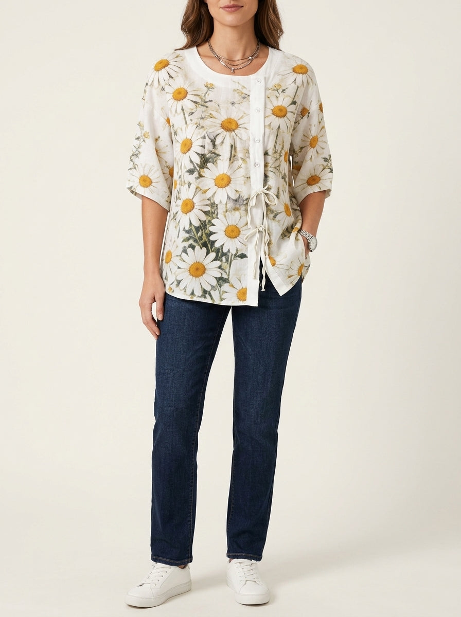 White Daisy Print Blouse - Round Neck Tie-Front Patchwork Top