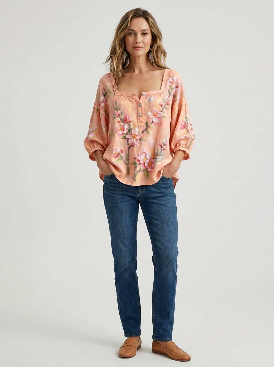 Peach Floral Print Blouse - Square Neck Balloon Sleeve Top