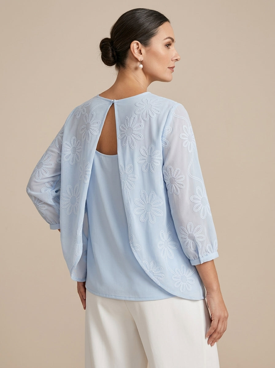 Romantic Floral Embroidered Open-Back Blouse in Light Blue - Round Neck Keyhole Cutout Top