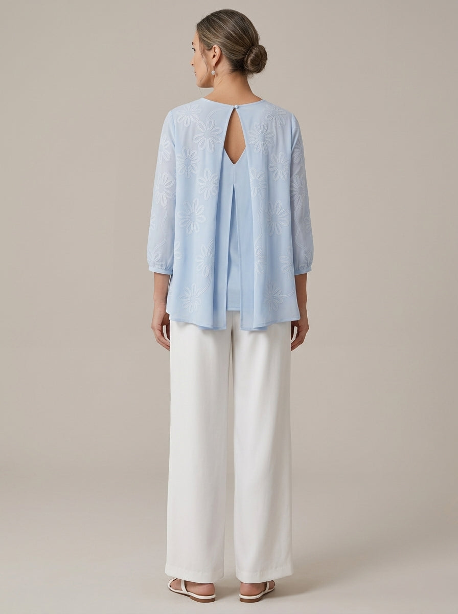 Romantic Floral Embroidered Open-Back Blouse in Light Blue - Round Neck Keyhole Cutout Top