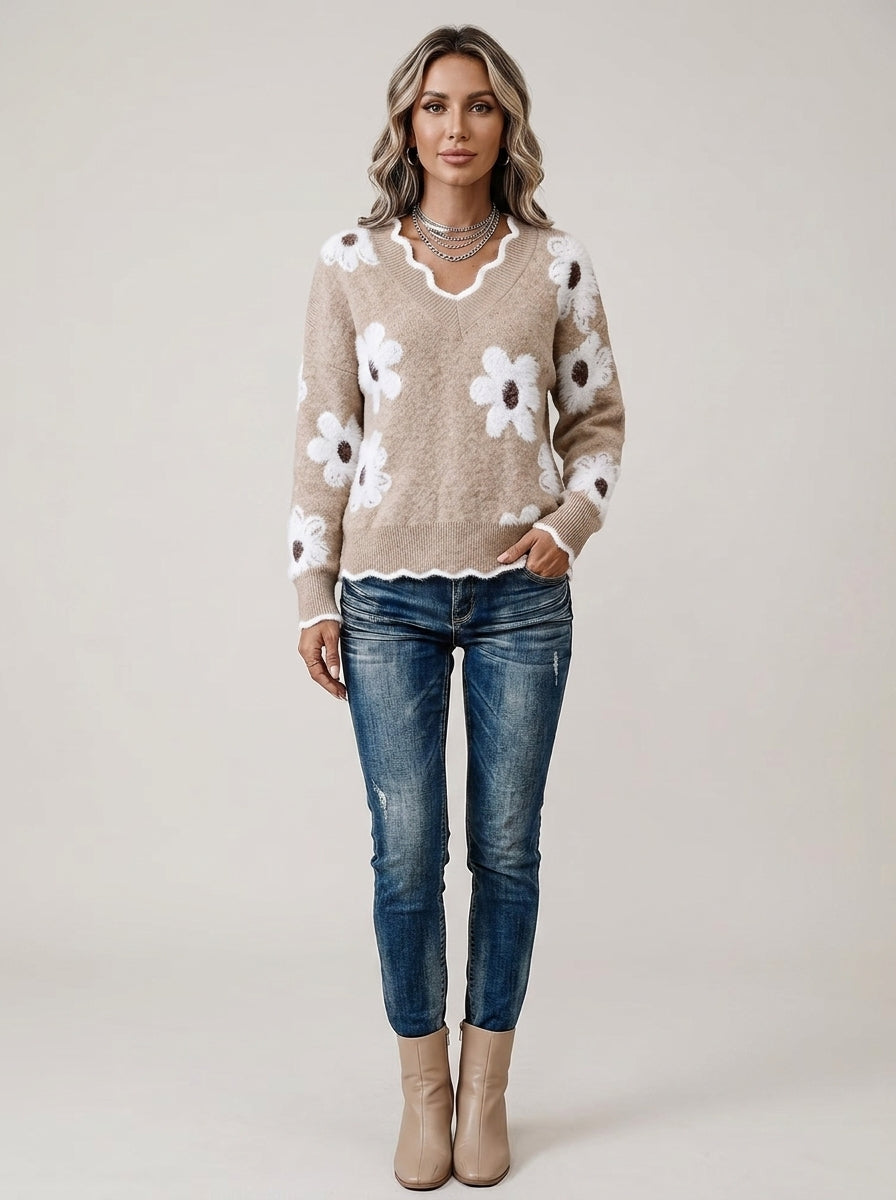 Fuzzy Daisy Print Knit Sweater - Beige Scalloped V-Neck Floral Pullover