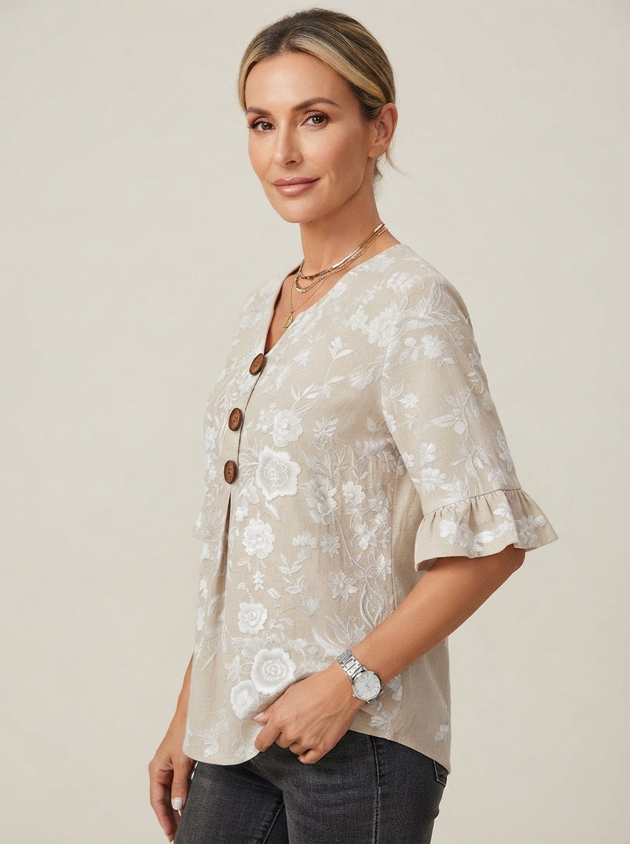 Beige Floral Print Blouse - Wood Button V-Neck Ruffle Sleeve Top
