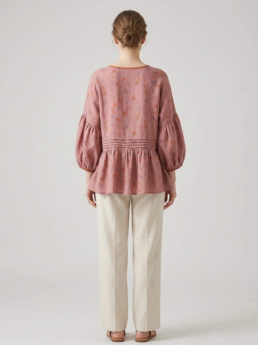 Trendy Boho Print Blouse - Pink Floral Round Neck Half Sleeve Peplum Top