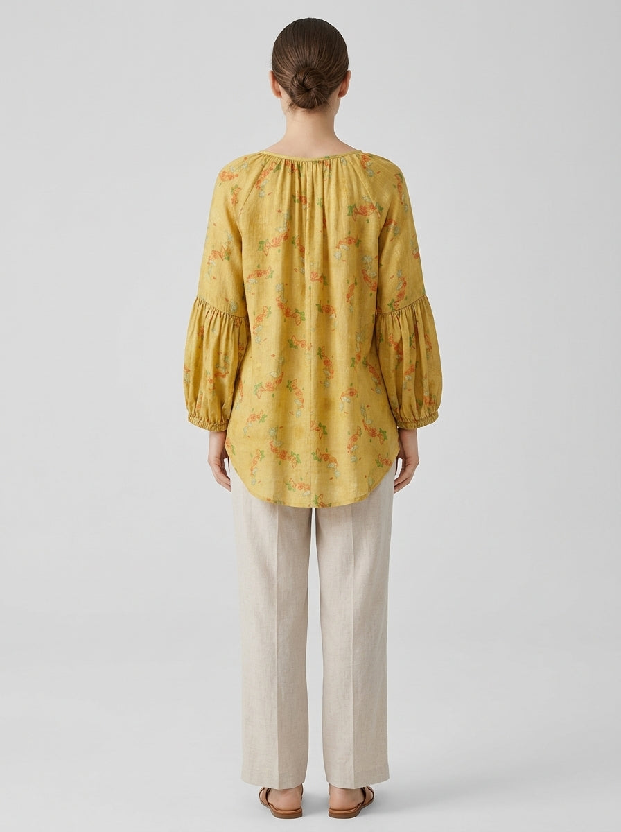 Loose Boho Cotton Blouse - Yellow Floral Print V-Neck Peasant Top