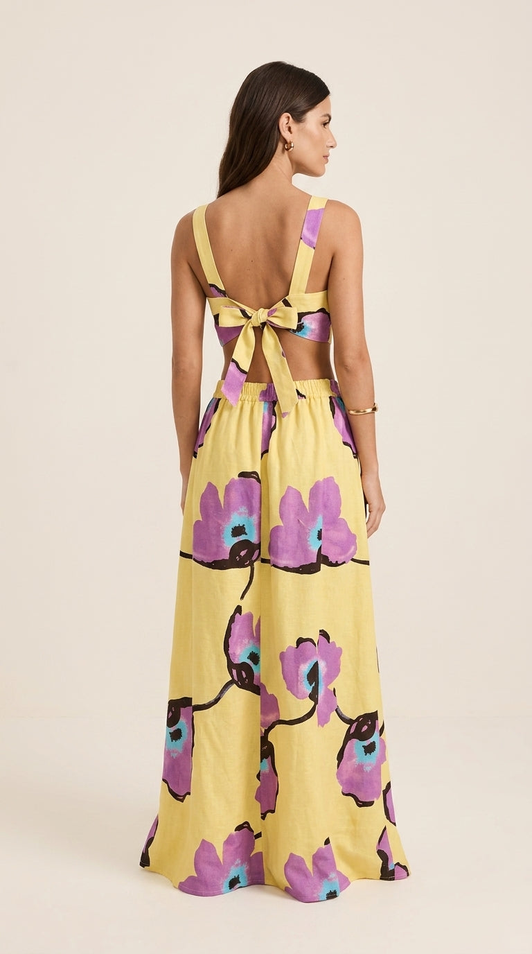 Floral Print Set - Square Neck Tie-Back Crop Top and Wide-Leg Maxi Skirt Set