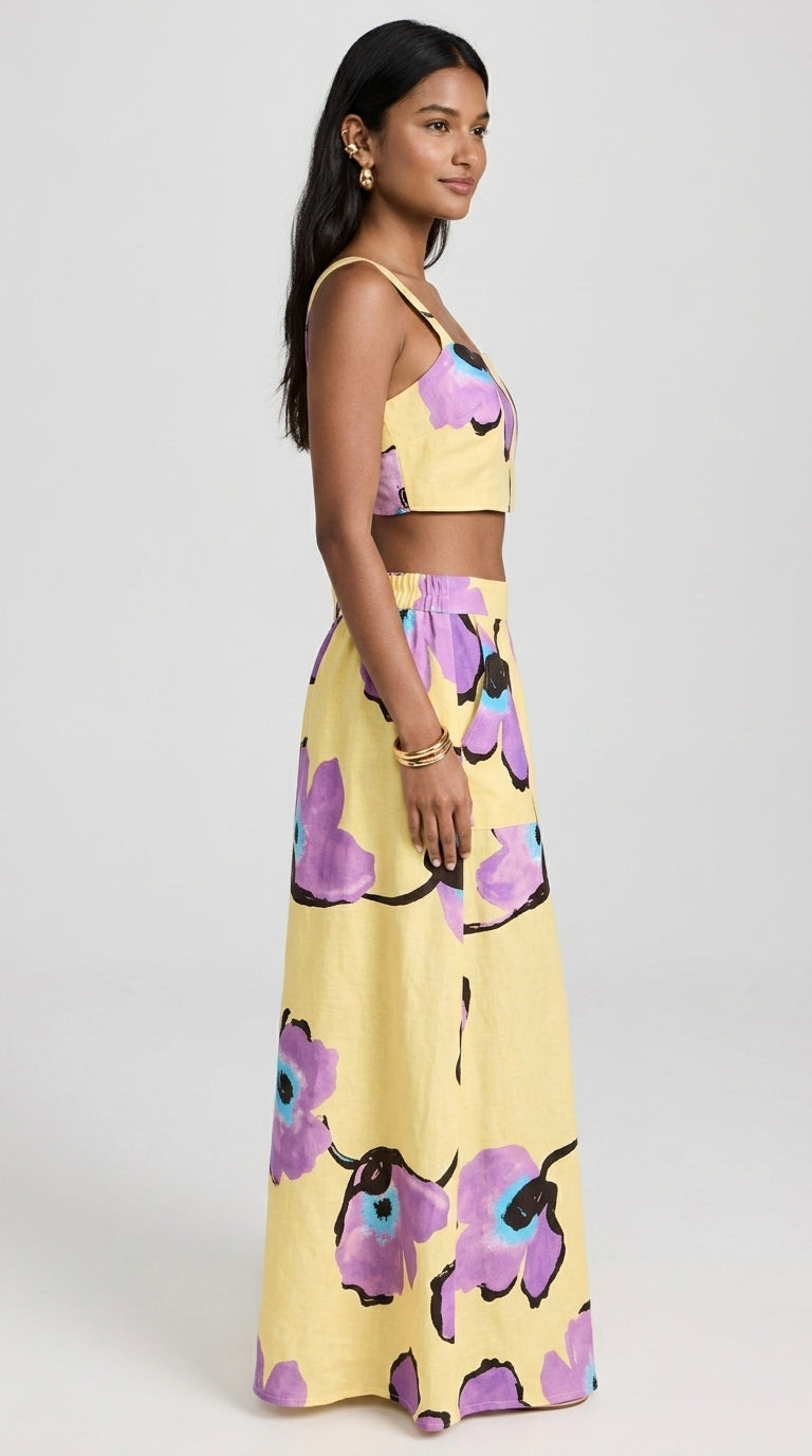 Floral Print Set - Square Neck Tie-Back Crop Top and Wide-Leg Maxi Skirt Set