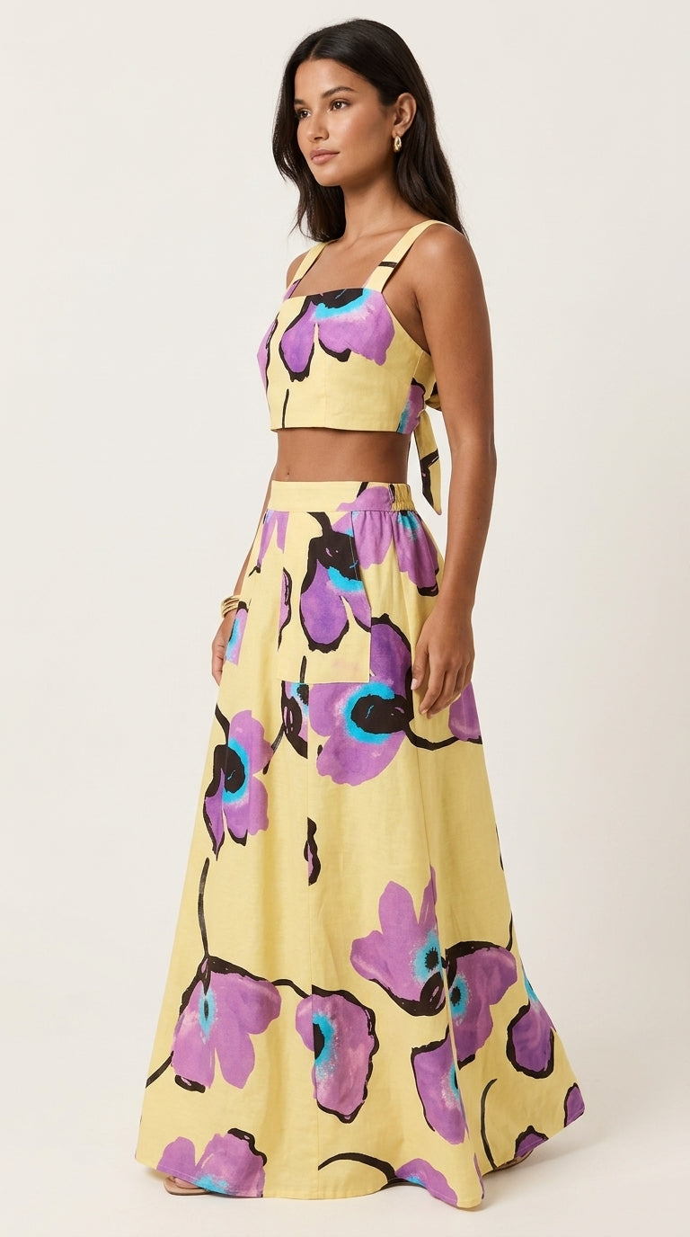 Floral Print Set - Square Neck Tie-Back Crop Top and Wide-Leg Maxi Skirt Set