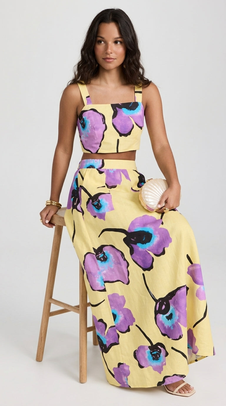 Floral Print Set - Square Neck Tie-Back Crop Top and Wide-Leg Maxi Skirt Set