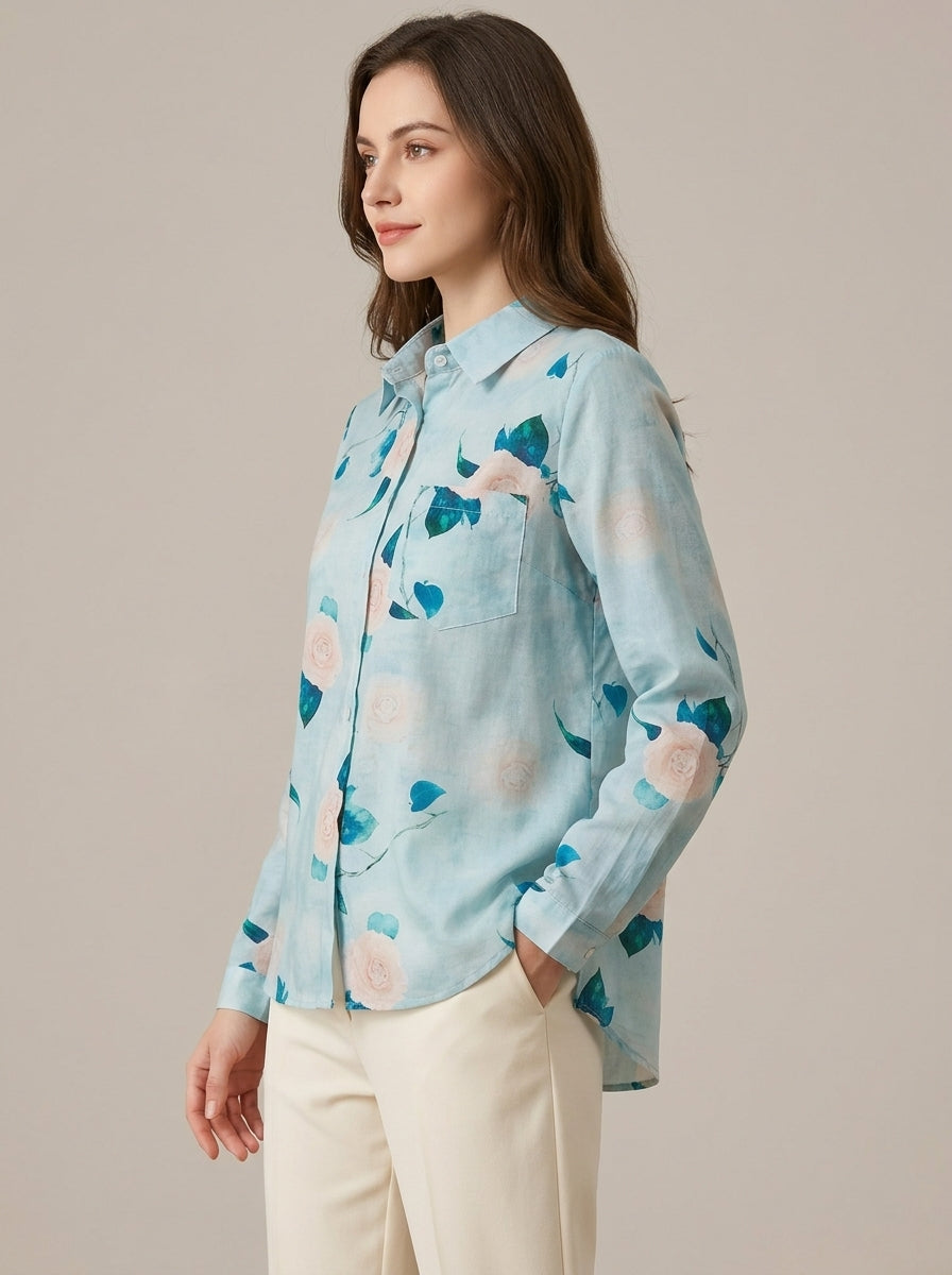 Boho Floral Print Cotton Shirt - Blue Collared Long Sleeve Top