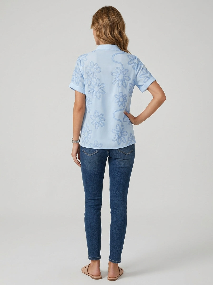 Casual Abstract Floral Print Notched V-Neck Top in Light Blue - Short Sleeve Split Neck Blouse