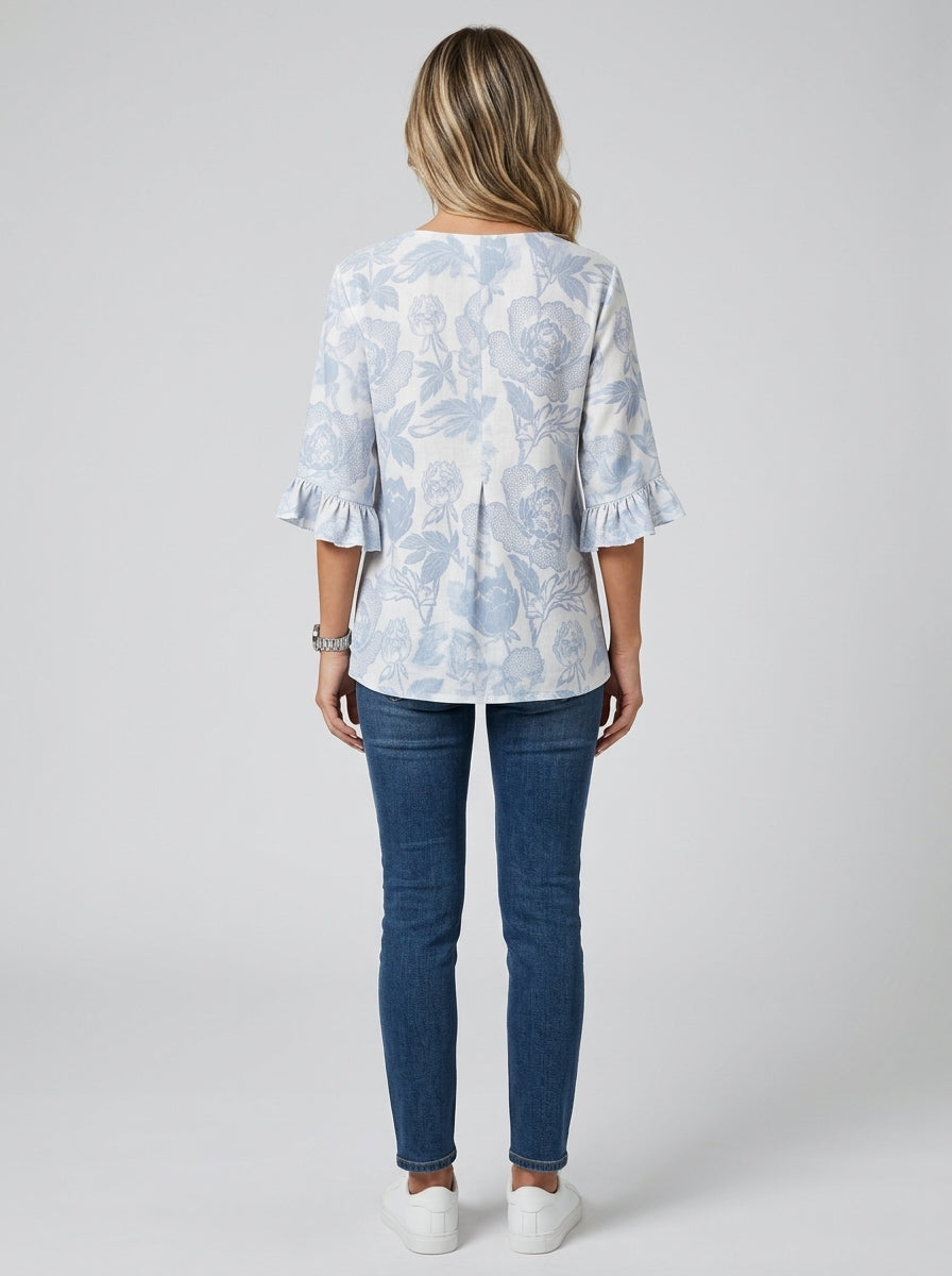 Casual Floral Print Button-Front Top in Blue and White - Ruffle Sleeve V-Neck Blouse