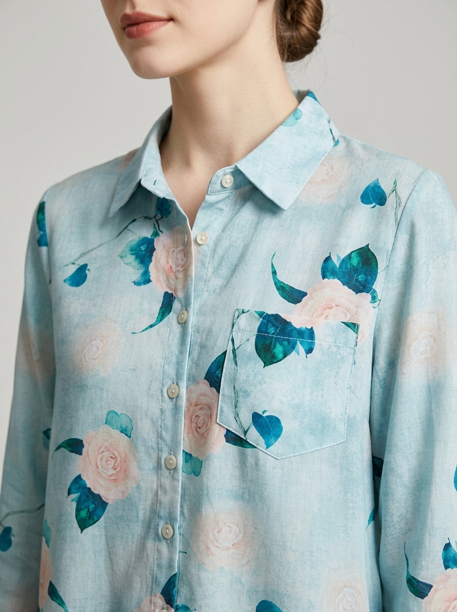 Boho Floral Print Cotton Shirt - Blue Collared Long Sleeve Top