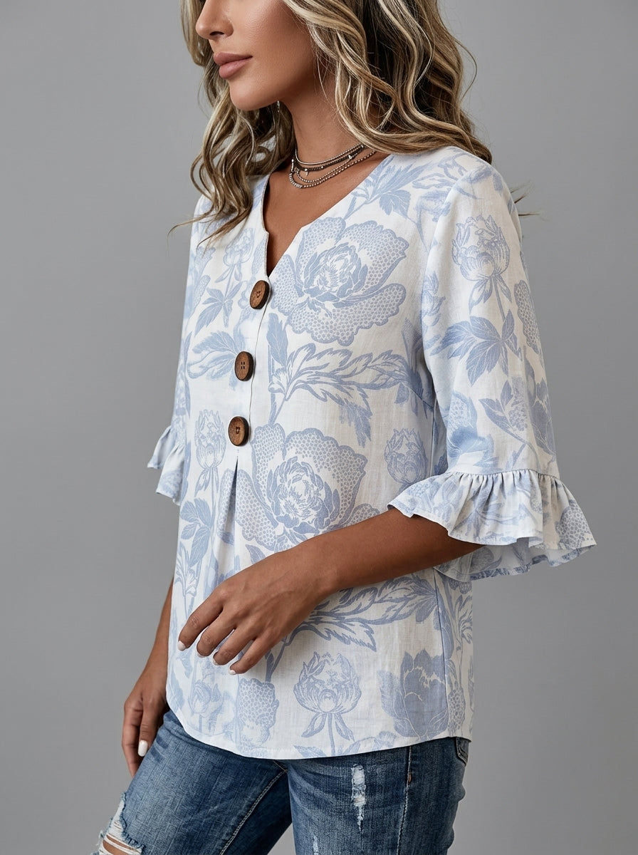Casual Floral Print Button-Front Top in Blue and White - Ruffle Sleeve V-Neck Blouse