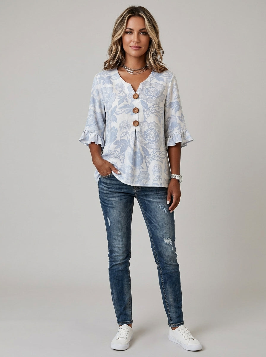 Casual Floral Print Button-Front Top in Blue and White - Ruffle Sleeve V-Neck Blouse