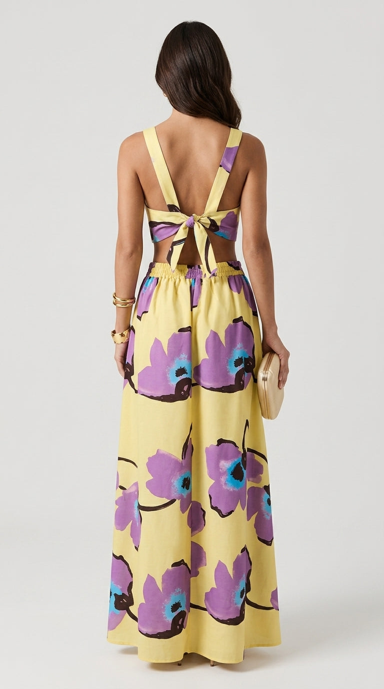 Floral Print Set - Square Neck Tie-Back Crop Top and Wide-Leg Maxi Skirt Set