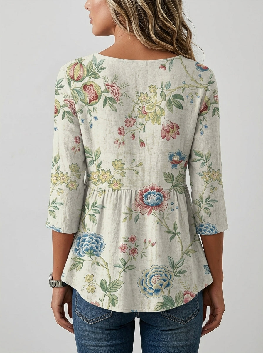 Floral Print Peplum Tunic - V-Neck 3/4 Sleeve Swing Hem Top