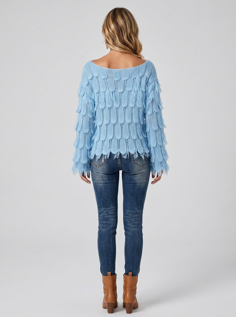 Boho Feather-shaped Bell-sleeve Knit Pullover - Sky Blue Off-Shoulder Fringe Knit Sweater