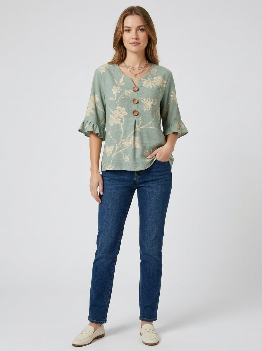 Sage Green Floral Print Blouse - Wood Button Ruffle Sleeve Top