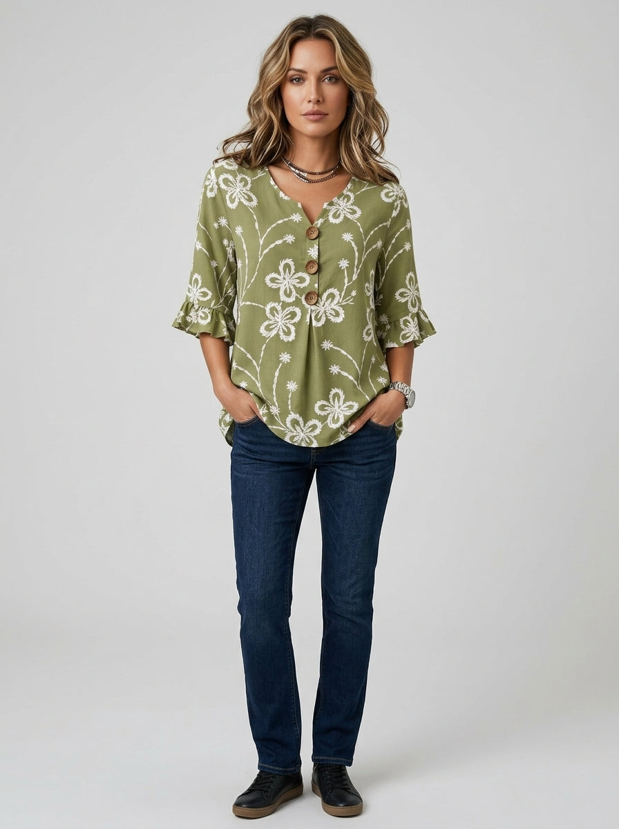 Olive Floral Print Blouse - Wood Button Ruffle Sleeve V-Neck Top