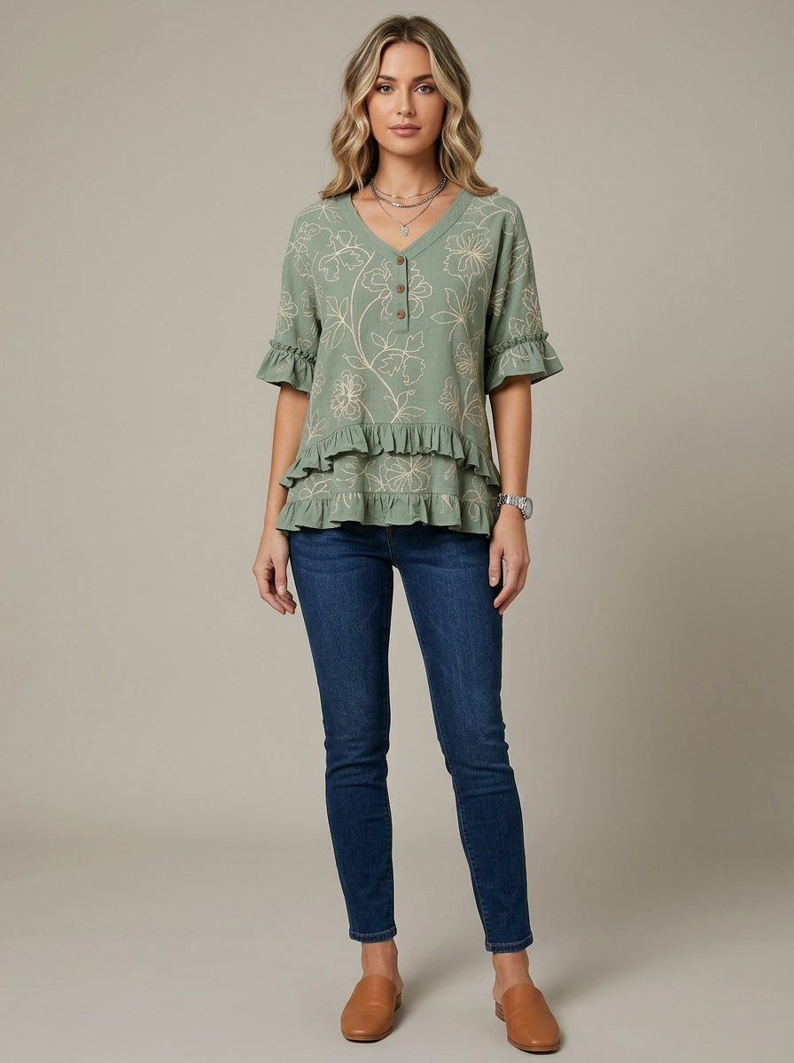Retro Floral Embroidered V-Neck Ruffle Blouse in Sage Green - Button Placket 3/4 Sleeve Top