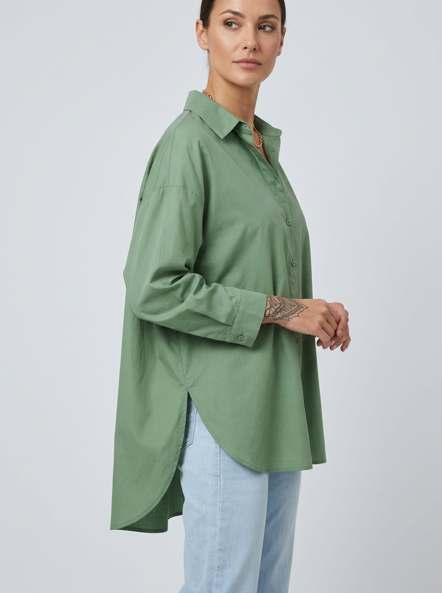 Casual Cotton Blend Shirt - Green Relaxed Long Sleeve Button-Up Top
