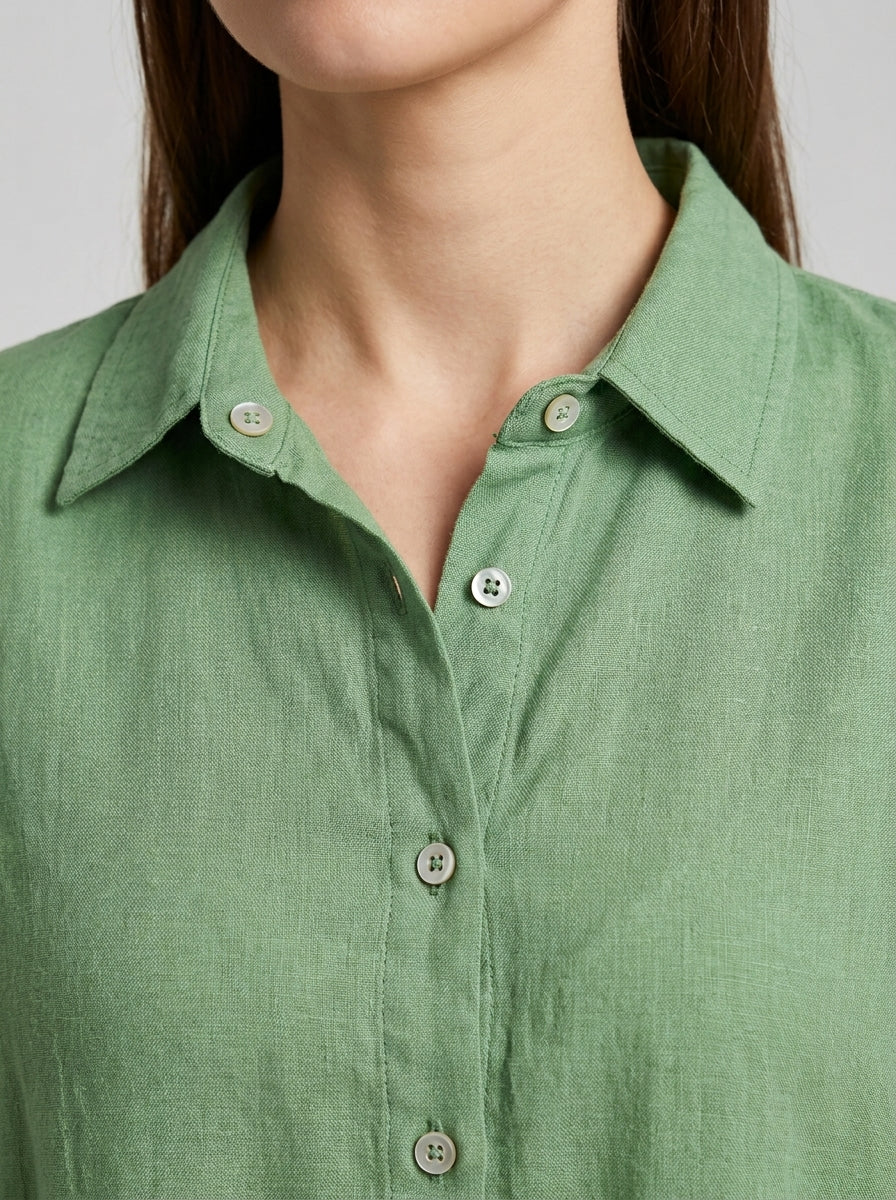 Casual Cotton Blend Shirt - Green Relaxed Long Sleeve Button-Up Top