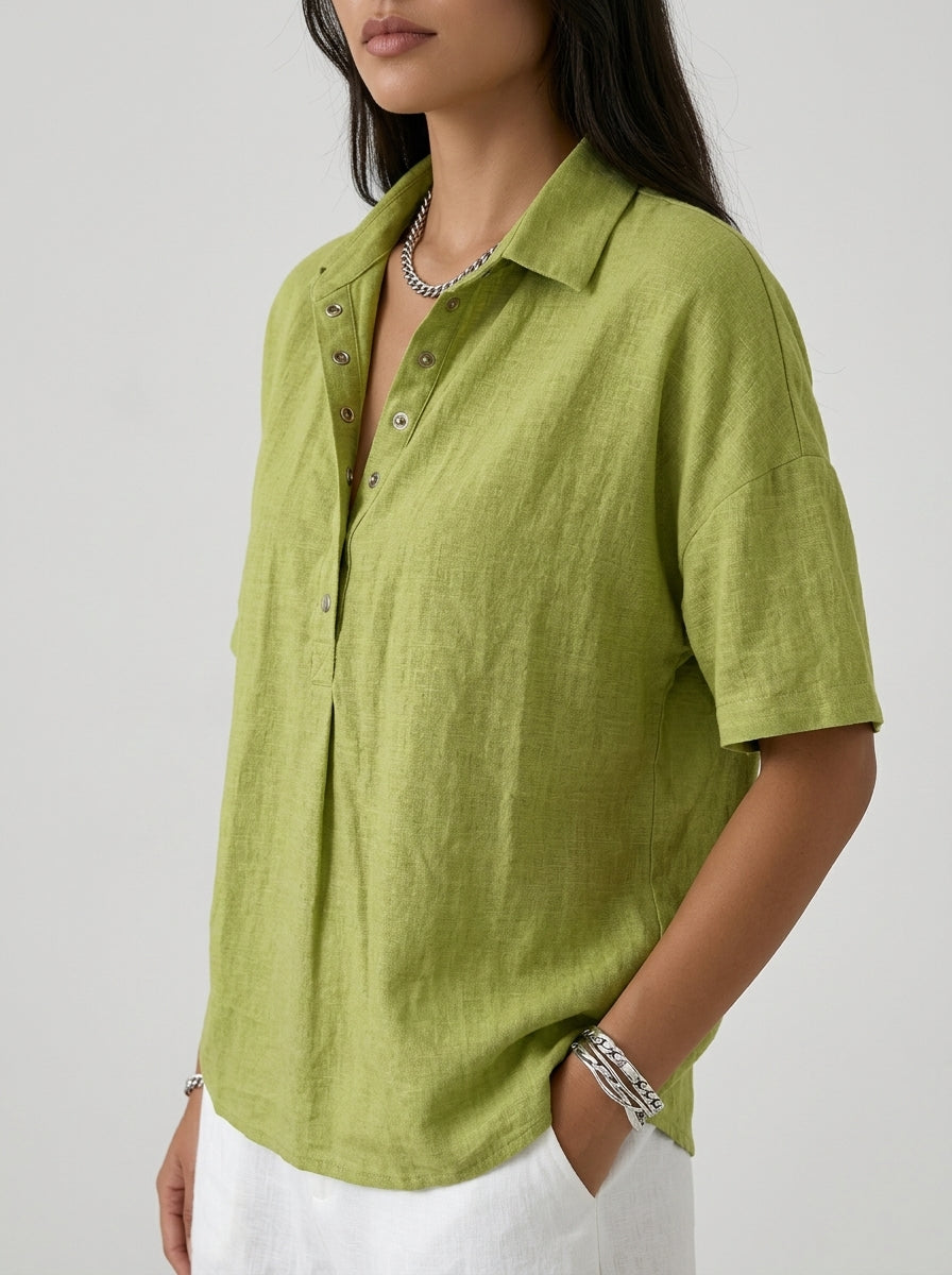 Casual Cotton Linen Snap-Button Polo Top in Chartreuse Green - Short Sleeve Relaxed Fit Polo