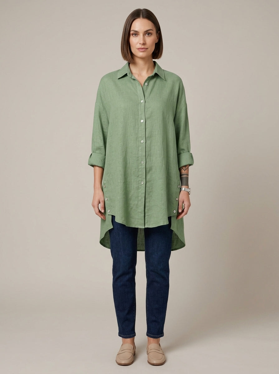Casual Cotton Blend Shirt - Green Relaxed Long Sleeve Button-Up Top