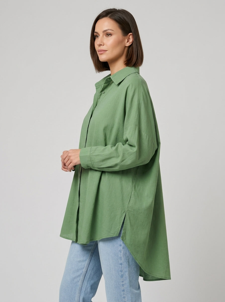 Casual Cotton Blend Shirt - Green Relaxed Long Sleeve Button-Up Top