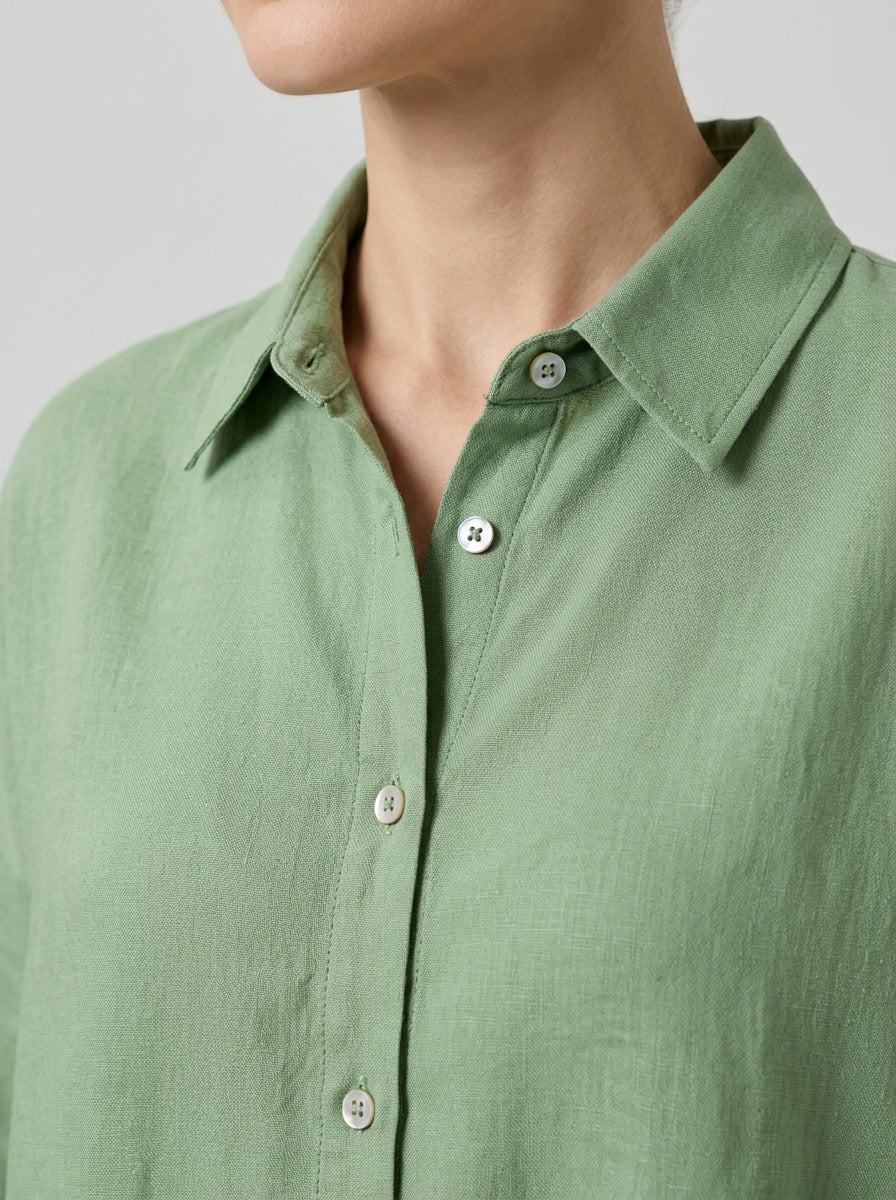 Casual Cotton Blend Shirt - Green Relaxed Long Sleeve Button-Up Top