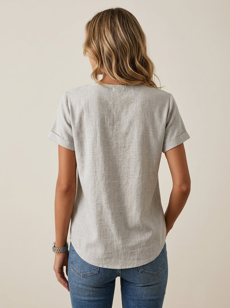 Grey Ruffle Collar Blouse - Faux Wrap V-Neck Cotton Casual Top