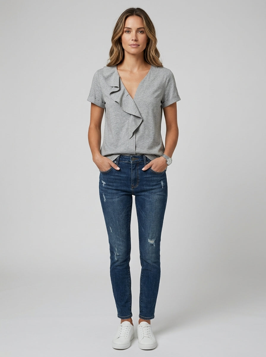 Grey Ruffle Collar Blouse - Faux Wrap V-Neck Cotton Casual Top
