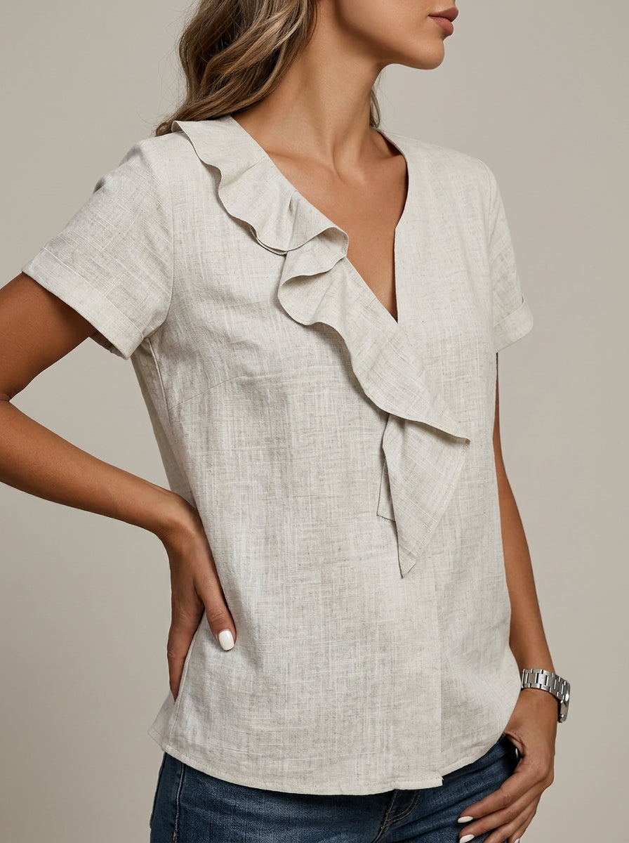 Grey Ruffle Collar Blouse - Faux Wrap V-Neck Cotton Casual Top