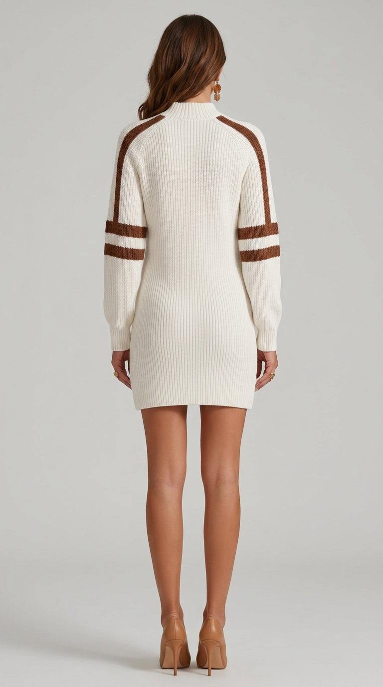 Resort-Style Mid-Neck Long-Sleeved Color-Blocked Striped Mini Dress - Rib Knit Sweater Dress