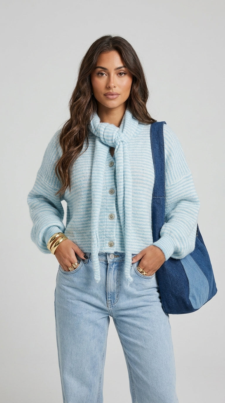 Jennifer Cardigan in Light Blue with Matching Scarf - Striped Knit