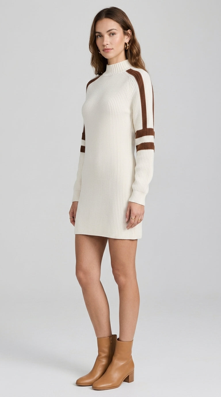 Resort-Style Mid-Neck Long-Sleeved Color-Blocked Striped Mini Dress - Rib Knit Sweater Dress