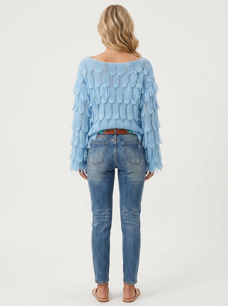 Boho Feather-shaped Bell-sleeve Knit Pullover - Sky Blue Off-Shoulder Fringe Knit Sweater