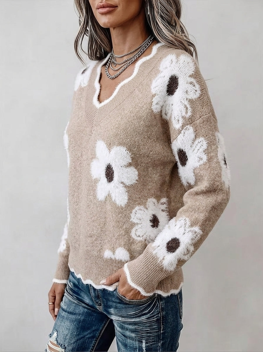 Fuzzy Daisy Print Knit Sweater - Beige Scalloped V-Neck Floral Pullover