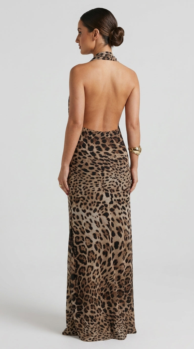 Animal Print Dress in Brown - Deep V-Neck Open Back Maxi Dress