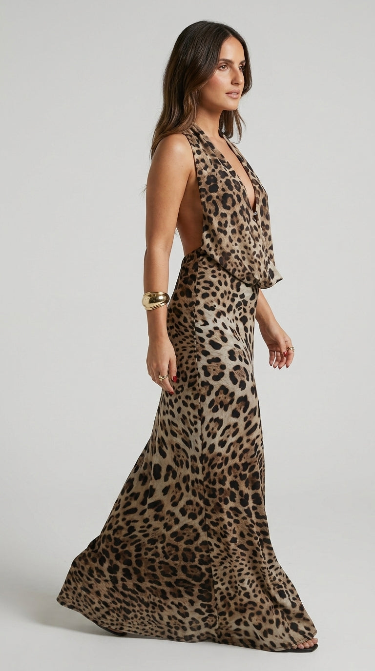 Animal Print Dress in Brown - Deep V-Neck Open Back Maxi Dress