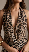 Animal Print Dress in Brown - Deep V-Neck Open Back Maxi Dress