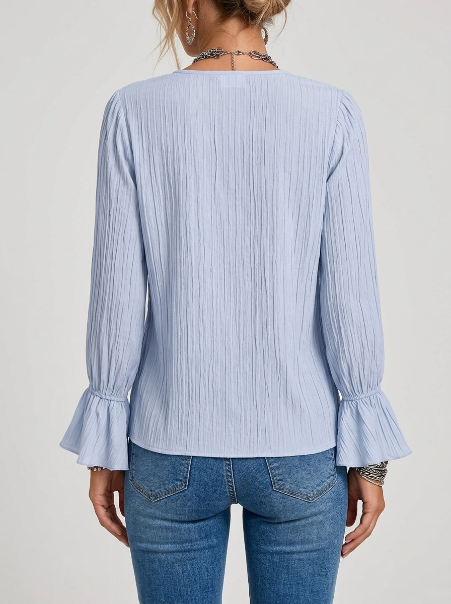 Ruffled Tie-Neck Textured Blouse - Light Blue Bell Sleeve Crinkle Top