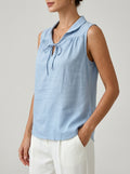 Light Blue Tie-Neck Collared Blouse - Sleeveless Cotton Top