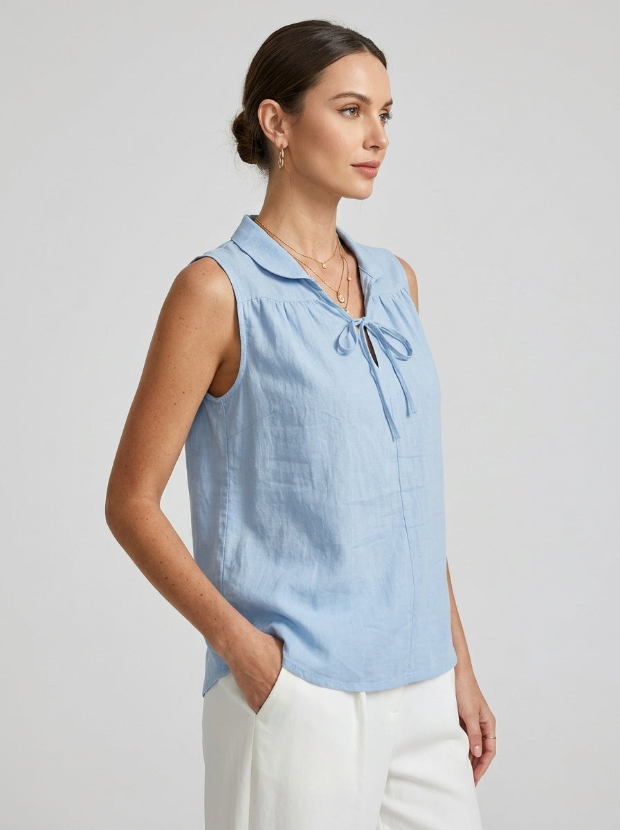 Light Blue Tie-Neck Collared Blouse - Sleeveless Cotton Top