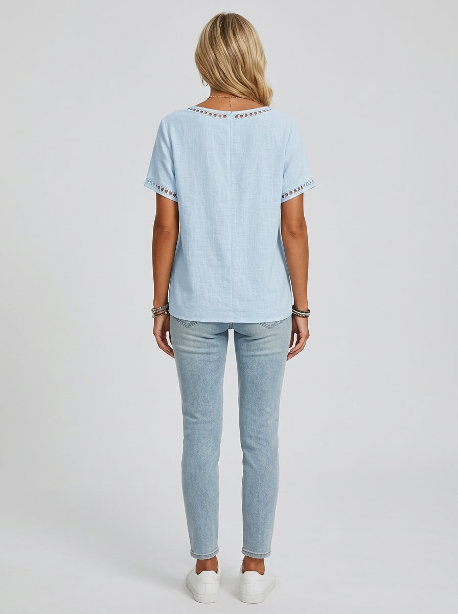 Blue Eyelet Trim V-Neck Blouse - Faux Wrap Short Sleeve Cotton Top