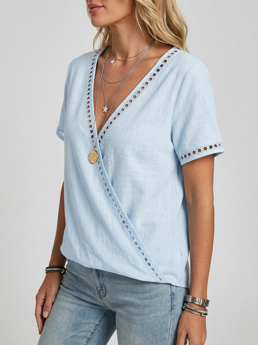Blue Eyelet Trim V-Neck Blouse - Faux Wrap Short Sleeve Cotton Top